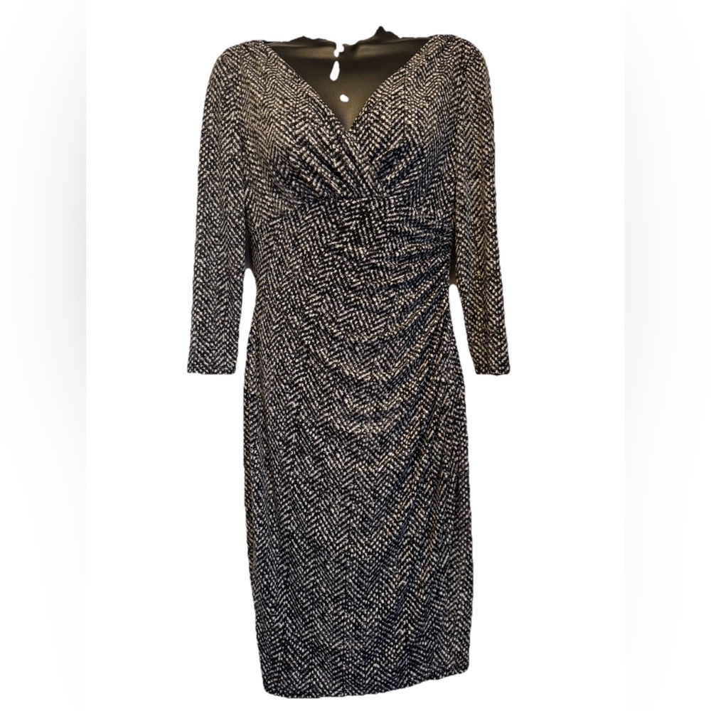 Lauren Ralph Ruched  Dress Women’s 2  Black Gray 3/4 Sleeve Body Con Midi V-Neck